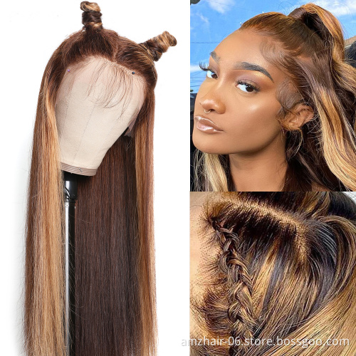 Wholesale Highlight 1B Honey Brown Color Straight Human Hair HD Lace Frontal Closure Wig Virgin Brazilian Hair Highlight Wig
